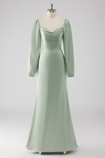Sage Green Off the Shoulder A Line Long Bridesmaid Dress with Puff Sleeves
